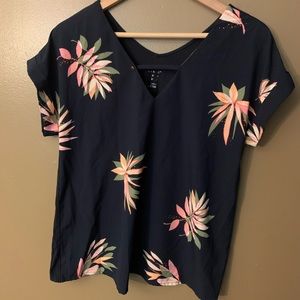 a new day Navy Blue/ Tropical Floral Print V Neck